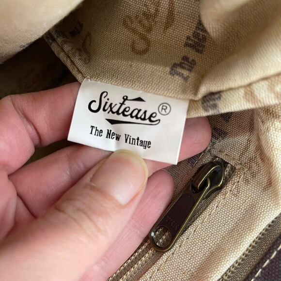 Sixtease Amythest Purple Cream Printed Canvas Brown Leather Large Crossbody Bag - Picture 9 of 10